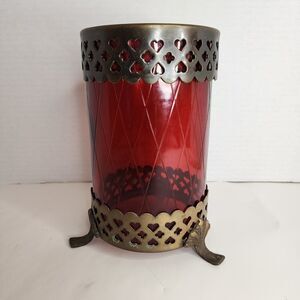 Vintage Bohemian Footed Ruby Red Diamond Cut w/Brass  Trim 7"  x 4" Candleholder